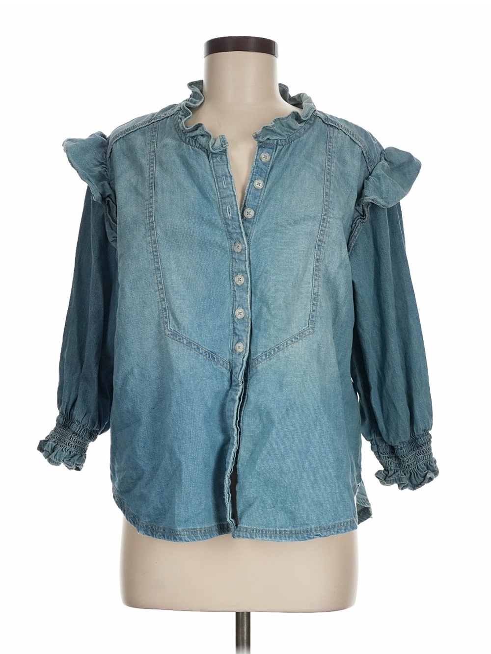 Free People Ruffle Denim Button-Up Blouse